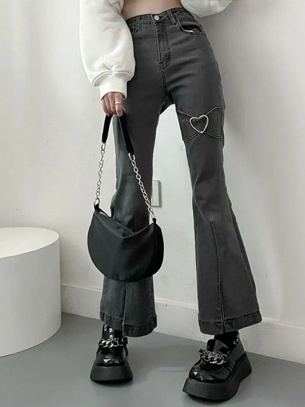 Gray Heart-Buckle Jeans